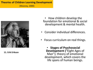 • How children develop the
foundation for emotional & social
development & mental health.
• Consider individual differences.
• Focus curriculum on real things.
• Stages of Psychosocial
Development (“Eight Ages of
Man”); theory of emotional
development, which covers the
life spans of human beings.
11. Erik Erikson
Theories of Children Learning Development
(Mooney, 2000)
 