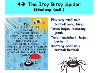 4 The Itsy Bitsy Spider
(Binatang Kecil )
Binatang kecil naik
tembok yang tinggi
Turun hujan, binatang
jatuh
Terbit matahari, hujan
berhenti
Binatang kecil naik
tembok kembali
 