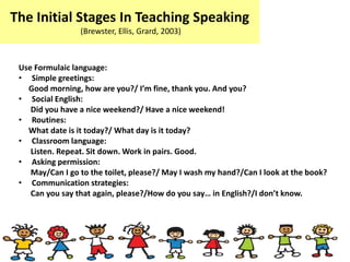 The Initial Stages In Teaching Speaking
(Brewster, Ellis, Grard, 2003)
Use Formulaic language:
• Simple greetings:
Good morning, how are you?/ I’m fine, thank you. And you?
• Social English:
Did you have a nice weekend?/ Have a nice weekend!
• Routines:
What date is it today?/ What day is it today?
• Classroom language:
Listen. Repeat. Sit down. Work in pairs. Good.
• Asking permission:
May/Can I go to the toilet, please?/ May I wash my hand?/Can I look at the book?
• Communication strategies:
Can you say that again, please?/How do you say… in English?/I don’t know.
 