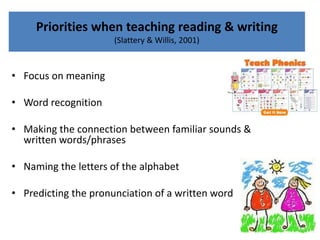 Priorities when teaching reading & writing
(Slattery & Willis, 2001)
• Focus on meaning
• Word recognition
• Making the connection between familiar sounds &
written words/phrases
• Naming the letters of the alphabet
• Predicting the pronunciation of a written word
 