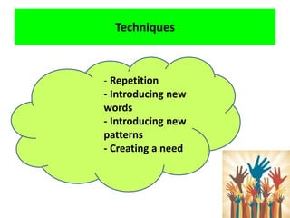 Techniques
- Repetition
- Introducing new
words
- Introducing new
patterns
- Creating a need
 