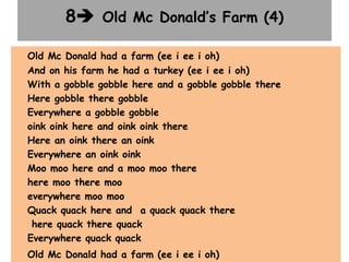 8 Old Mc Donald’s Farm (4)
Old Mc Donald had a farm (ee i ee i oh)
And on his farm he had a turkey (ee i ee i oh)
With a gobble gobble here and a gobble gobble there
Here gobble there gobble
Everywhere a gobble gobble
oink oink here and oink oink there
Here an oink there an oink
Everywhere an oink oink
Moo moo here and a moo moo there
here moo there moo
everywhere moo moo
Quack quack here and a quack quack there
here quack there quack
Everywhere quack quack
Old Mc Donald had a farm (ee i ee i oh)
 