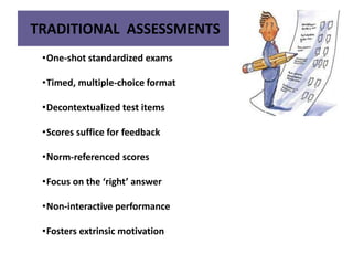 TRADITIONAL ASSESSMENTS
•One-shot standardized exams
•Timed, multiple-choice format
•Decontextualized test items
•Scores suffice for feedback
•Norm-referenced scores
•Focus on the ‘right’ answer
•Non-interactive performance
•Fosters extrinsic motivation
 