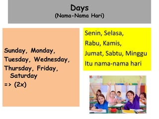 Days
(Nama-Nama Hari)
Senin, Selasa,
Rabu, Kamis,
Jumat, Sabtu, Minggu
Itu nama-nama hari
Sunday, Monday,
Tuesday, Wednesday,
Thursday, Friday,
Saturday
=> (2x)
 