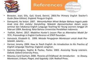 • Brewster, Jean; Ellis, Gail; Grard, Dennis. 2003.The Primary English Teacher’s
Guide (New Edition). England: Penguin English.
• Damayanti, ika lestari. 2007. Menumbuhkan Minat Belajar Bahasa Inggris pada
Anak Usia Dini melalui Storytelling. Makalah dipresentasikan dalam acara
seminar dan lokakarya English Language Teaching for Young Learners tanggal 24
Februari 2004. Bandung: Balai Bahasa Universitas Pendidikan Indonesia.
• Fadilah, Rahmi. 2017. Madeline Hunter’s Lesson Plan as Alternative Model for
TEYL. Proceedings in English Conference at STKIP Pasundan.
• Hainstock, Elizabeth G. 1999. Metode Pengajaran Montessori untuk Anak Pra-
Sekolah. Jakarta:…
• Harmer, Jeremy. 2004. How to Teach English: An Introduction to the Practice of
English Language Teaching. England: Longman.
• Ioannou-Georgiou, Sophie & Pavlou, Pavlos. 2003. Assessing Young Learners.
Oxford: Oxford University Press.
• Mooney, Carol Garhart. 2000. Theories of Childhood: An Introduction to Dewey,
Montessori, Erikson, Piaget, and Vygotsky. USA: Redleaf Press.
 