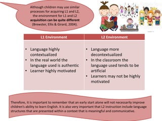 L1 Environment L2 Environment
• Language highly
contextualized
• In the real world the
language used is authentic
• Learner highly motivated
• Language more
decontextualized
• In the classroom the
language used tends to be
artificial
• Learners may not be highly
motivated
Although children may use similar
processes for acquiring L1 and L2,
the environment for L1 and L2
acquisition can be quite different
(Brewster, Ellis & Girard, 2004).
Therefore, it is important to remember that an early start alone will not necessarily improve
children’s ability to learn English. It is also very important that L2 instruction include language
structures that are presented within a context that is meaningful and communicative.
 