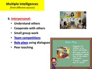 6. Interpersonal:
• Understand others
• Cooperate with others
• Small group work
• Team competitions
• Role plays using dialogues
• Peer teaching
Multiple Intelligences
(from different sources)
 