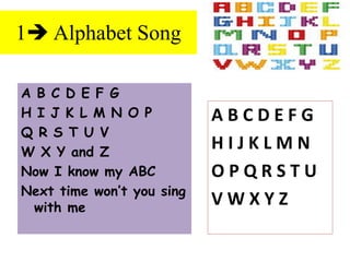 1 Alphabet Song
A B C D E F G
H I J K L M N O P
Q R S T U V
W X Y and Z
Now I know my ABC
Next time won’t you sing
with me
A B C D E F G
H I J K L M N
O P Q R S T U
V W X Y Z
 