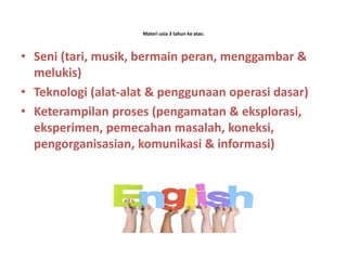 Materi usia 3 tahun ke atas:
• Seni (tari, musik, bermain peran, menggambar &
melukis)
• Teknologi (alat-alat & penggunaan operasi dasar)
• Keterampilan proses (pengamatan & eksplorasi,
eksperimen, pemecahan masalah, koneksi,
pengorganisasian, komunikasi & informasi)
 