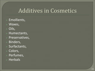  Emollients,
 Waxes,
 Oils,
 Humectants,
 Preservatives,
 Binders,
 Surfactants,
 Colors,
 Perfumes,
 Herbals
14
 