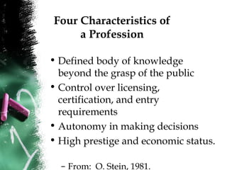 Four Characteristics of
a Profession
• Defined body of knowledge
beyond the grasp of the public
• Control over licensing,
certification, and entry
requirements
• Autonomy in making decisions
• High prestige and economic status.
– From: O. Stein, 1981.
 