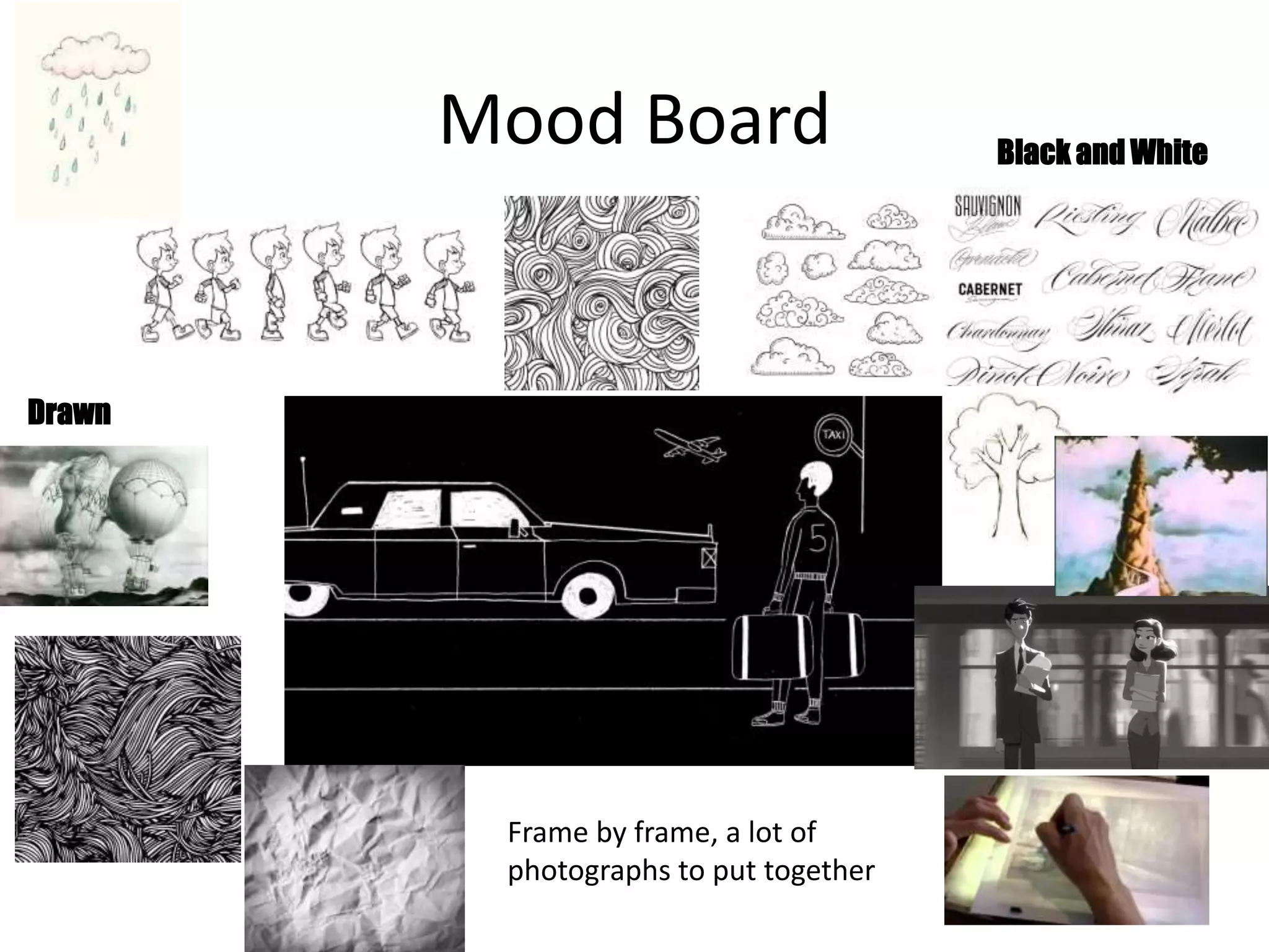 Mood Board
Drawn
Black and White
Frame by frame, a lot of
photographs to put together
 
