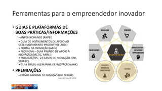 Ferramentas para o empreendedor inovador
• GUIAS E PLATAFORMAS DE
BOAS PRÁTICAS/INFORMAÇÕES
• ANPEI EXCHANGE (ANPEI)
• GUIA DE INSTRUMENTOS DE APOIO AO
DESENVOLVIMENTO PRODUTIVO (ABDI)
• PORTAL DA INOVAÇÃO (ABDI)
• PROINOVA – GUIA PRÁTICO DE APOIO À
INOVAÇÃO (MCTIC, ANPEI)
• PUBLICAÇÕES - 22 CASOS DE INOVAÇÃO (CNI,
SEBRAE)
• GUIA BRASIL-ALEMANHA DE INOVAÇÃO (AHK)
• PREMIAÇÕES
• PRÊMIO NACIONAL DE INOVAÇÃO (CNI, SEBRAE)
Fonte: MEI Tools, CNI (2019)
 