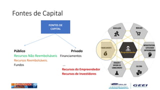 Fontes de Capital
Público Privado
Recursos Não Reembolsáveis Financiamentos
Recursos Reembolsáveis.
Fundos ...
Recursos do Empreendedor
Recursos de Investidores
FONTES DE
CAPITAL
 