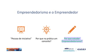 Empreendedorismo e o Empreendedor
“Pessoa de iniciativa” Por que na prática um
conceito?
Por que estudar
Empreendedorismo?
Empreendedorismo e o Empreendedor
 