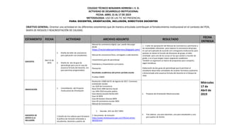 COLEGIO TÉCNICO BENJAMIN HERRERA I. E. D.
ACTIVIDAD DE DESARROLLO INSTITUCIONAL
FECHA: ABRIL 15 AL 17 DE 2019
METODOLOGIA: USO DE LAS TIC NO PRESENCIAL
PARA: DOCENTES, ORIENTACIÓN, INCLUSIÓN, DIRECTIVOS DOCENTES
OBJETIVO GENERAL: Orientar una actividad en los diferentes estamentos que de manera articulada contribuyan al fortalecimiento institucional en el contexto del POA,
MAPA DE RIESGOS Y REACREDITACIÓN DE CALIDAD.
ESTAMENTO FECHA ACTIVIDAD ARCHIVO ADJUNTO RESULTADO
FECHA
ENTREGA
DOCENTES
Abril 15 de
2019
1. Diseño de taller de convivencia
para aplicación con estudiantes.
2. Diseño de dos de guía de
aprendizaje para uso en caso de
ausencia fortuita del docente. (no
para permisos programados)
Manual de convivencia digital, que puede descargar
desde
https://rectoriabenjaminherrera.blogspot.com/
Manual de convivencia físico, entregado a cada docente.
Lineamientos guía de aprendizaje
Estándares y lineamientos curriculares
Planeación
Resultados académicos del primer período escolar
Pruebas SABER
1. 1 taller de apropiación del Manual de Convivencia y pertinente a
las necesidades relevantes para mejorar la convivencia del grupo,
el cual será aplicado de acuerdo con cronograma institucional; para
quienes no tienen la función de directores de grupo, el taller
orientado para uno de los cursos en los que asisten a reunión de
grado, o en el que tengan mayor asignación académica.
También se organizará un banco de propuestas para compartir,
según temáticas.
Elaboración de dos guías de aprendizaje que le permitan al
estudiante desarrollar actividades de carácter formativo autónomo
y direccionado ante ausencia fortuita del docente en el bloque de
clase.
Miércoles
17 de
Abril de
2019
ORIENTACIÓN
1. Consolidación del Proyecto
Institucional de Orientación
Resolución 15683 del 01 de Agosto de 2017. Funciones
orientación escolar
Ley 1620 de Convivencia
Resol 4210 1996 Servicio Social
Ley 1404 2010 escuelas padres
Guia alianza escuela familia SED
Guia 34 MEN
Guia 48 Gestion Alianzas MEN
Guia 49 convivencia escolar MEN
Manual de Convivencia.
1. Proyecto de Orientación Reestructurado
DOCENTES DE
APOYO A LA
INCLUSIÓN
1.Diseño de tres talleres para fortalecer
la política de inclusión orientados a
estudiantes, docentes y padres de
1. Decreto 1421 de 2017 MEN
2. Documento de Inclusión
https://www.mineducacion.gov.co/1795/w3-article-
381928.html
2. Tres talleres uno para docentes, uno para estudiantes y uno
para padres de familia
 