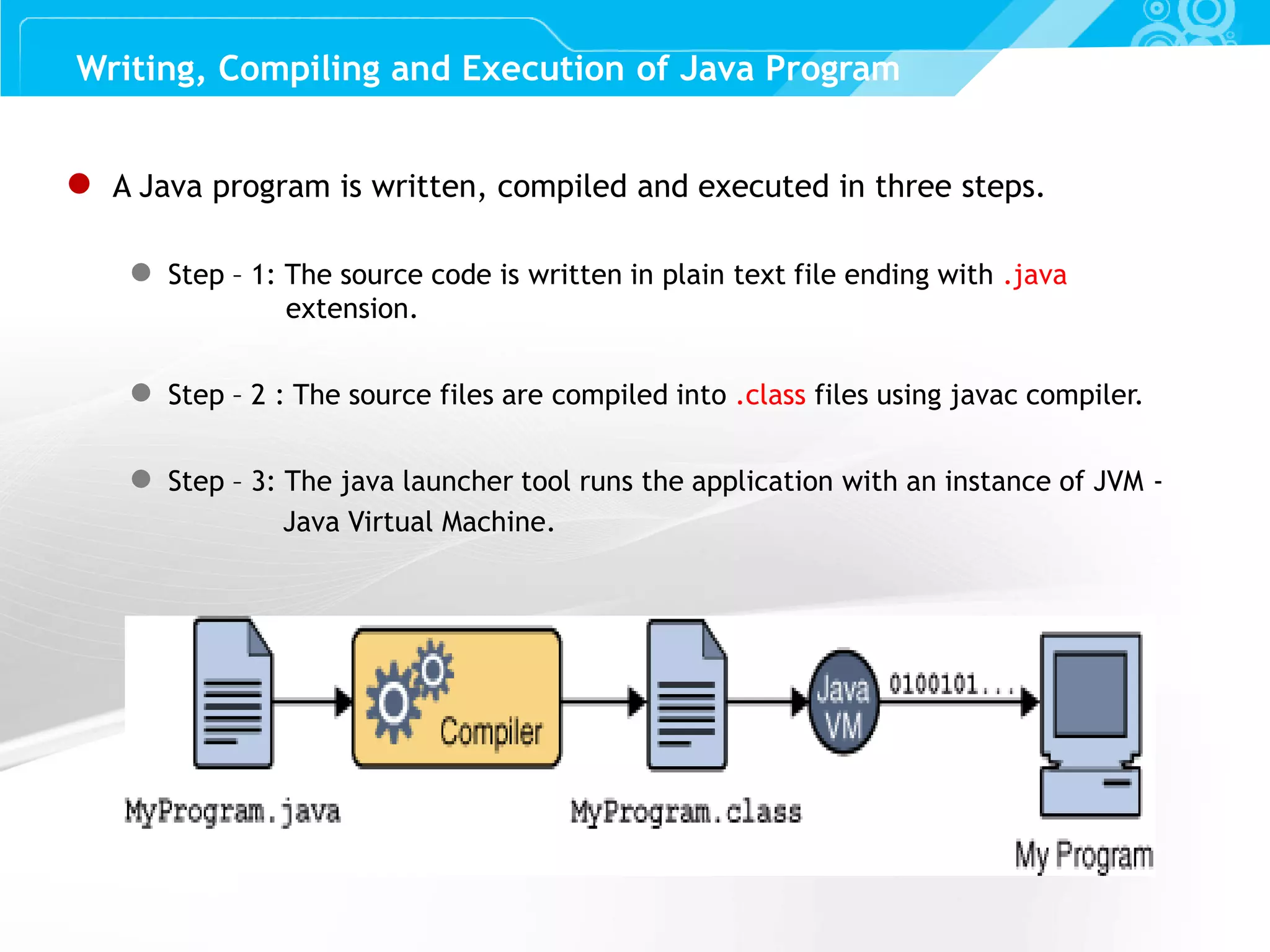 Slide 7 ● A Java program is written, compiled and executed in three steps. ● Step – 1: The source code is written in plain text file ending with .java extension. ● Step – 2 : The source files are compiled into .class files using javac compiler. ● Step – 3: The java launcher tool runs the application with an instance of JVM - Java Virtual Machine. Writing, Compiling and Execution of Java Program 