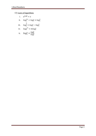 1.Real Numbers
Page 3
13) Laws of logarithms
i.
ii.
iii.
iv.
v.
 