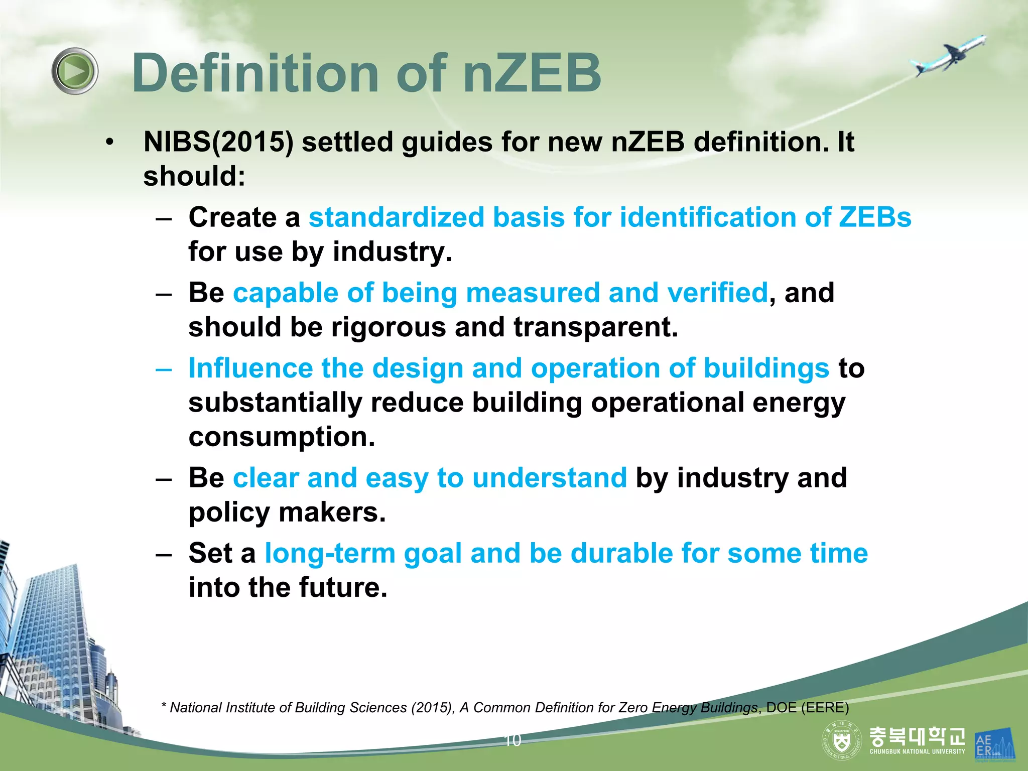 • NIBS(2015) settled guides for new nZEB definition. It
should:
– Create a standardized basis for identification of ZEBs
for use by industry.
– Be capable of being measured and verified, and
should be rigorous and transparent.
– Influence the design and operation of buildings to
substantially reduce building operational energy
consumption.
– Be clear and easy to understand by industry and
policy makers.
– Set a long-term goal and be durable for some time
into the future.
Definition of nZEB
* National Institute of Building Sciences (2015), A Common Definition for Zero Energy Buildings, DOE (EERE)
10
 