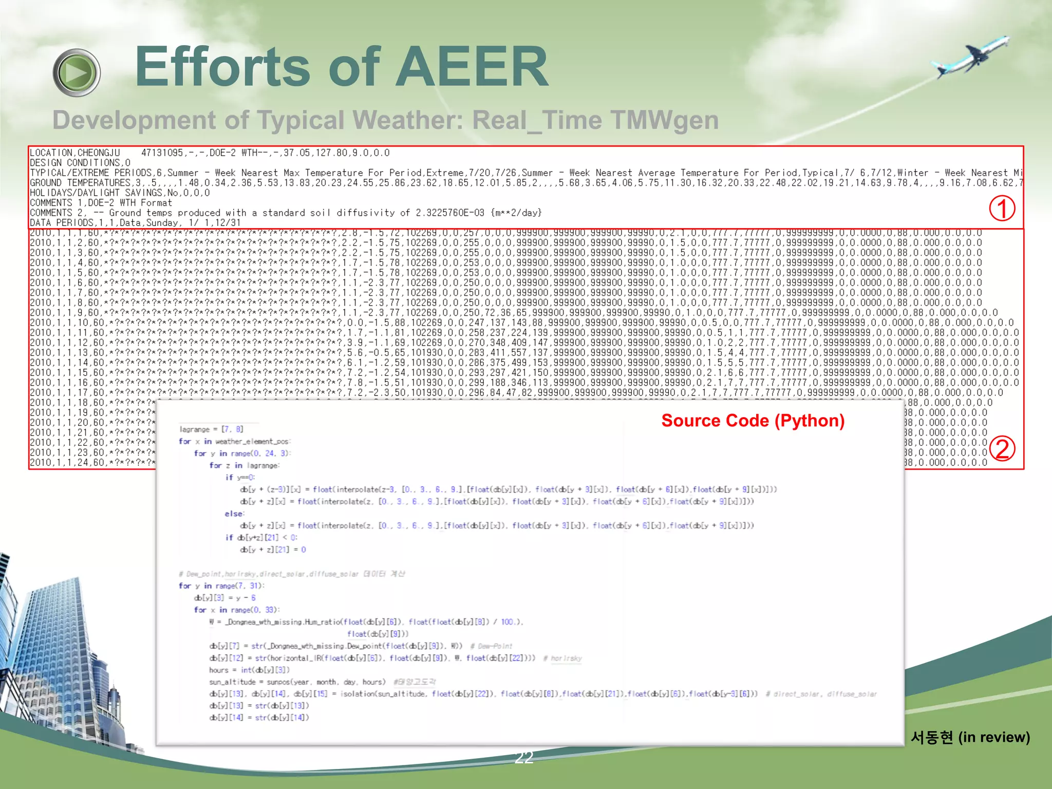 22
Development of Typical Weather: Real_Time TMWgen
1
2
Source Code (Python)
서동현 (in review)
Efforts of AEER
 