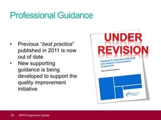 Professional Guidance
28 IDPS Programme Update
• Previous “best practice”
published in 2011 is now
out of date
• New supporting
guidance is being
developed to support the
quality improvement
initiative
 