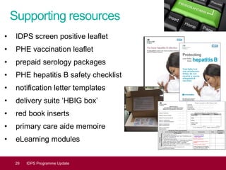 Supporting resources
• IDPS screen positive leaflet
• PHE vaccination leaflet
• prepaid serology packages
• PHE hepatitis B safety checklist
• notification letter templates
• delivery suite ‘HBIG box’
• red book inserts
• primary care aide memoire
• eLearning modules
29 IDPS Programme Update
 