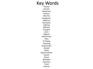 Key WordsFantasy
Ancient
Mysterious
Anxious
Worried
Dangerous
Mythical
Teamwork
Fighting
Monster
Arrogant
Stern
Magical
Determined
Fiery
Terrifying
Imposing
Suspenseful
Heated
Steely
Argumentative
Snarky
Heroic
Relatable
Ferocious
Timid
Distinct
 