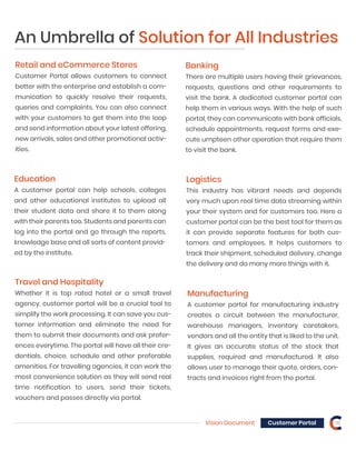 Vision Document Customer Portal 18
An Umbrella of Solution for All Industries
Retail and eCommerce Stores
Customer Portal allows customers to connect
better with the enterprise and establish a com-
munication to quickly resolve their requests,
queries and complaints. You can also connect
with your customers to get them into the loop
and send information about your latest offering,
new arrivals, sales and other promotional activ-
ities.
Education
A customer portal can help schools, colleges
and other educational institutes to upload all
their student data and share it to them along
with their parents too. Students and parents can
log into the portal and go through the reports,
knowledge base and all sorts of content provid-
ed by the institute.
Manufacturing
A customer portal for manufacturing industry
creates a circuit between the manufacturer,
warehouse managers, inventory caretakers,
vendors and all the entity that is liked to the unit.
It gives an accurate status of the stock that
supplies, required and manufactured. It also
allows user to manage their quote, orders, con-
tracts and invoices right from the portal.
Banking
There are multiple users having their grievances,
requests, questions and other requirements to
visit the bank. A dedicated customer portal can
help them in various ways. With the help of such
portal, they can communicate with bank officials,
schedule appointments, request forms and exe-
cute umpteen other operation that require them
to visit the bank.
Logistics
This industry has vibrant needs and depends
very much upon real time data streaming within
your their system and for customers too. Here a
customer portal can be the best tool for them as
it can provide separate features for both cus-
tomers and employees. It helps customers to
track their shipment, scheduled delivery, change
the delivery and do many more things with it.
Travel and Hospitality
Whether it is top rated hotel or a small travel
agency, customer portal will be a crucial tool to
simplify the work processing. It can save you cus-
tomer information and eliminate the need for
them to submit their documents and ask prefer-
ences everytime. The portal will have all their cre-
dentials, choice, schedule and other preferable
amenities. For travelling agencies, it can work the
most convenience solution as they will send real
time notification to users, send their tickets,
vouchers and passes directly via portal.
 