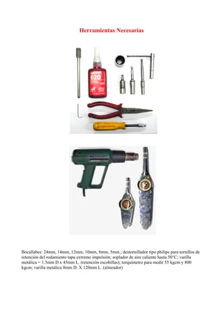Herramientas Necesarias
Bocallabes: 24mm, 14mm, 12mm, 10mm, 8mm, 5mm.; destornillador tipo philips para tornillos de
retención del rodamiento tapa extremo impulsión; soplador de aire caliente hasta 50°C; varilla
metálica = 1.5mm D x 45mm L. (retención escobillas); torquimetro para medir 55 kgcm y 800
kgcm; varilla metálica 8mm D. X 120mm L. (alineador)
 