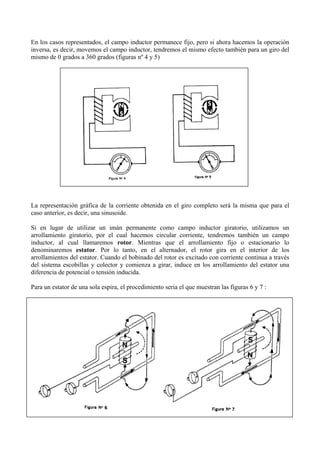 En los casos representados, el campo inductor permanece fijo, pero si ahora hacemos la operación
inversa, es decir, movemos el campo inductor, tendremos el mismo efecto también para un giro del
mismo de 0 grados a 360 grados (figuras nº 4 y 5)
La representación gráfica de la corriente obtenida en el giro completo será la misma que para el
caso anterior, es decir, una sinusoide.
Si en lugar de utilizar un imán permanente como campo inductor giratorio, utilizamos un
arrollamiento giratorio, por el cual hacemos circular corriente, tendremos también un campo
inductor, al cual llamaremos rotor. Mientras que el arrollamiento fijo o estacionario lo
denominaremos estator. Por lo tanto, en el alternador, el rotor gira en el interior de los
arrollamientos del estator. Cuando el bobinado del rotor es excitado con corriente continua a través
del sistema escobillas y colector y comienza a girar, induce en los arrollamiento del estator una
diferencia de potencial o tensión inducida.
Para un estator de una sola espira, el procedimiento seria el que muestran las figuras 6 y 7 :
 