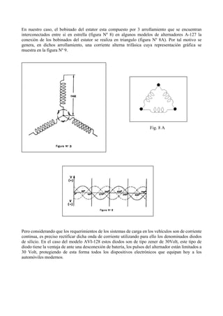 En nuestro caso, el bobinado del estator esta compuesto por 3 arrollamiento que se encuentran
interconectados entre si en estrella (figura Nº 8) en algunos modelos de alternadores A-127 la
conexión de los bobinados del estator se realiza en triangulo (figura Nº 8A). Por tal motivo se
genera, en dichos arrollamiento, una corriente alterna trifásica cuya representación gráfica se
muestra en la figura Nº 9.
Fig. 8 A
Pero considerando que los requerimientos de los sistemas de carga en los vehículos son de corriente
continua, es preciso rectificar dicha onda de corriente utilizando para ello los denominados diodos
de silicio. En el caso del modelo AVI-128 estos diodos son de tipo zener de 30Volt, este tipo de
diodo tiene la ventaja de ante una desconexión de batería, los pulsos del alternador están limitados a
30 Volt, protegiendo de esta forma todos los dispositivos electrónicos que equipan hoy a los
automóviles modernos.
 