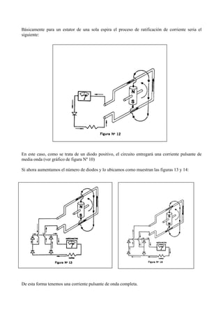 Básicamente para un estator de una sola espira el proceso de ratificación de corriente seria el
siguiente:
En este caso, como se trata de un diodo positivo, el circuito entregará una corriente pulsante de
media onda (ver gráfico de figura Nº 10)
Si ahora aumentamos el número de diodos y lo ubicamos como muestran las figuras 13 y 14:
De esta forma tenemos una corriente pulsante de onda completa.
 