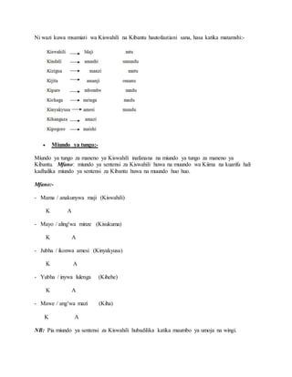 Ni wazi kuwa msamiati wa Kiswahili na Kibantu hautofautiani sana, hasa katika matamshi:-
 Miundo ya tungo:-
Miundo ya tungo za maneno ya Kiswahili inafanana na miundo ya tungo za maneno ya
Kibantu. Mfano: miundo ya sentensi za Kiswahili huwa na muundo wa Kiima na kuarifu hali
kadhalika miundo ya sentensi za Kibantu huwa na muundo huo huo.
Mfano:-
- Mama / anakunywa maji (Kiswahili)
K A
- Mayo / aling'wa minze (Kisukuma)
K A
- Jubha / ikonwa amesi (Kinyakyusa)
K A
- Yubha / inywa lulenga (Kihehe)
K A
- Mawe / ang’wa mazi (Kiha)
K A
NB: Pia miundo ya sentensi za Kiswahili hubadilika katika maumbo ya umoja na wingi.
 