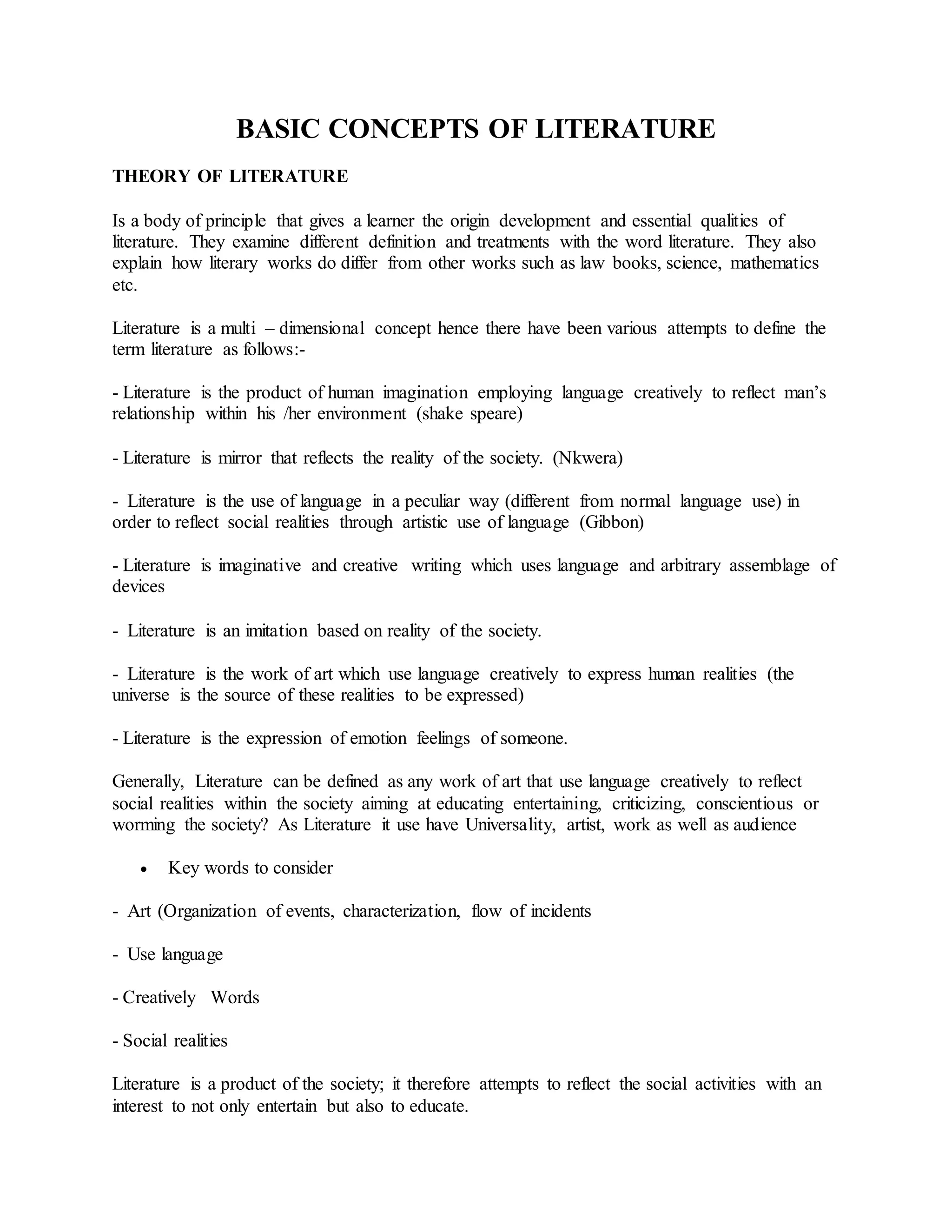 BASIC CONCEPTS OF LITERATURE | DOCX