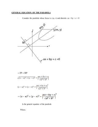 GENERAL EQUATION OF THE PARABOLA
· Consider the parabola whose focus is s (u, v) and directrix ax + by + c = 0
Is the general equation of the parabola
Where;
 