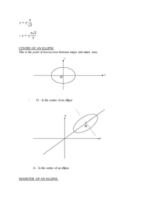 CENTRE OF AN ELLIPSE
This is the point of intersection between major and minor axes
· O – Is the centre of an ellipse
A – Is the centre of an ellipse
DIAMETER OF AN ELLIPSE.
 