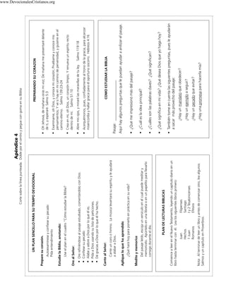 Apéndice4
Cortesobrelalíneapunteada.DobleporelcentroypeguecongomaensuBiblia
UNPLANSENCILLOPARASUTIEMPODEVOCIONAL
Preparesucorazón.
Autoexamíneseyconfiesesupecado
Pidaentendimiento
EstudielaBiblia,anotando:
Useelplanenelcuadro“CómoestudiarlaBíblia?
OrealSeñor:
•Orerefiriéndosealpasajeestudiado,comentándoloconDios.
•Confiesesupecado
•AlabeyadoreaDiosporloqueéles.
•PidaaDiosusandosulistadepeticiones.
•DégraciasaDiosporloqueélhahecho.
CantealSeñor:
Canteuncoroohimno.Lamúsicalevantarásuespírituyleayudará
aalabaraDios.
Apliqueloquehaaprendido
¿Quéharáhoyparaponerloenprácticaensuvida?
Mediteymemorice
Delpasajeleído,escojaunversículoenelcualpuedemeditary
memorícelo.Apúnteloenunalibretaoenunpapelitoparallevarlo
consigoduranteeldía.
PLANDELECTURASBIBLICAS
ComiencealeerenelNuevoTestamento,leyendouncapítulodiarioenun
librohastaterminarconél.Lealossiguienteslibrosprimero:
JuanFilipenses
HechosSantiago
1JuanIy2Tesalonicenses
RomanosEfesios
Nota:Alterminardeleerunlibroyantesdecomenzarotro,leaalgunos
SalmosyuncapítuloenProverbios.
PREPARANDOSUCORAZON
•OhJehová,demañanaoirásmivoz;Demañanamepresentarédelante
deti,yesperaré.Salmo5:3
•Examíname,ohDios,yconocemicorazón;Pruébameyconocemis
pensamientos;Yvesihayenmícaminodeperversidad,yguíameenel
caminoeterno.Salmo139:23-24
•Creaenmí,ohDios,uncorazónlimpio,Yrenuevaunespíriturecto
dentrodemí.Salmo51:10
•Abremisojos,ymirarélasmaravillasdetuley.Salmo119:18
•Acerquémonos,pues,confiadamentealtronodelagracia,paraalcanzar
misericordiayhallargraciaparaeloportunosocorro.Hebreos4:16
COMOESTUDIARLABIBLIA
Pasaje:______________________
Aquíhayalgunospreguntasquelepuedanayudaraanilizarelpasaje.
•¿Quémeimpresionómásdelpasaje?
•¿Cuáleslaideaprincipal?
•¿Cuálessonlaspalabrasclaves?¿Quésignifican?
•¿Quésignificaenmívida?¿QuédeseaDiosqueyohagahoy?
•Tambiéntomeencuentalassiguientespreguntas,puesleayudarán
asacarmásprovechodelpasaje:
¿Hayunmandatoqueobedecer?
¿Hayunejemploaseguir?
¿Hayunpecadoqueevitar?
¿Hayunapromesaparahacerlamía?
www.DevocionalesCristianos.org
 