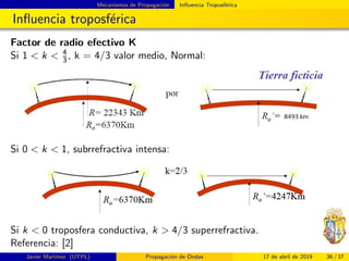 Mecanismos de Propagaci´on Inﬂuencia Troposf´erica
Inﬂuencia troposf´erica
Factor de radio efectivo K
Si 1 < k < 4
3, k = 4/3 valor medio, Normal:
Si 0 < k < 1, subrrefractiva intensa:
Si k < 0 troposfera conductiva, k > 4/3 superrefractiva.
Referencia: [2]
Javier Mart´ınez (UTPL) Propagaci´on de Ondas 17 de abril de 2019 36 / 37
 