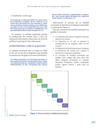 Larealidadaumentada:loquedebemosconocer.
Rigueros,C. ISSN: 2344-8288 • Vol. 5 No. 2 • Julio - Diciembre 2017 • Bogotá-Colombia
259
Y, finalmente, se tiene que:
El concepto que se utiliza para definir una visión a través
de un dispositivo tecnológico, directa o indirecta, de un
entorno físico del mundo real, cuyos elementos se combi-
nan con elementos virtuales creando así una realidad mixta
en tiempo real. Esta es la principal diferencia con la reali-
dad virtual, puesto que no sustituye la realidad física, sino
que sobreimprime datos virtuales al mundo real. [5]
En resumen, la realidad aumentada permite
la combinación del entorno físico y real con
información del entorno virtual, esto con el fin de
modificar la percepción física del usuario.
¿Cómo funciona y cuál es su proceso?
La realidad aumentada tiene su origen en 1960,
se dio con el uso de un dispositivo que permitía
la visualización de gráficos en tercera dimensión.
La realidad aumentada es una tecnología que integra se-
ñales captadas del mundo real (típicamente video y audio)
con señales generadas por computadores (objetos gráficos
tridimensionales); las hace corresponder para construir
nuevos mundos coherentes, complementados y enriqueci-
dos – hace coexistir objetos del mundo real y objetos del
mundo virtual en el ciberespacio. [4]
Básicamente, el proceso de la realidad
aumentada se describe en el diagrama presentado
a continuación (Figura 2).
Para que el proceso de realidad aumentada sea
posible es necesario:
•	 Un dispositivo que toma las imágenes reales que
observan los usuarios.
•	 Un dispositivo en el cual se proyecta la
combinación de las imágenes reales con las
virtuales.
•	 Un dispositivo de procesamiento para interpretar
la información del mundo real y generar la
información virtual para combinarla.
•	 Un activador de realidad aumentada, por
ejemplo, GPS, códigos QR, entre otros. Este
último integrado actualmente en cualquier
dispositivo Smartphone, tableta, computador
portátil, algunas cámaras y gafas como las
Hololens.
Figura 2. Proceso de la realidad aumentada
Fuente: elaboración propia.
 
