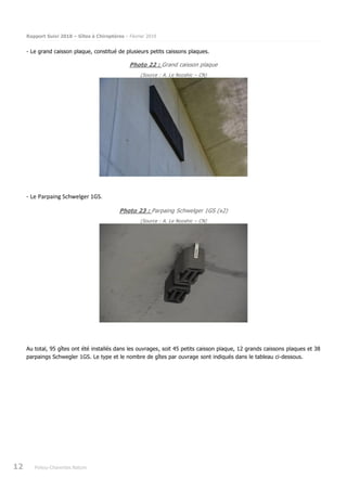 Rapport Suivi 2018 – Gîtes à Chiroptères – Février 2019
12 Poitou-Charentes Nature
- Le grand caisson plaque, constitué de plusieurs petits caissons plaques.
Photo 22 : Grand caisson plaque
(Source : A. Le Nozahic – CN)
- Le Parpaing Schwelger 1GS.
Photo 23 : Parpaing Schwelger 1GS (x2)
(Source : A. Le Nozahic – CN)
Au total, 95 gîtes ont été installés dans les ouvrages, soit 45 petits caisson plaque, 12 grands caissons plaques et 38
parpaings Schwegler 1GS. Le type et le nombre de gîtes par ouvrage sont indiqués dans le tableau ci-dessous.
 