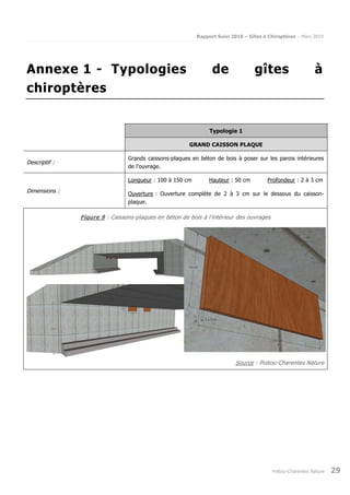 Rapport Suivi 2018 – Gîtes à Chiroptères – Mars 2019
Poitou-Charentes Nature 29
Annexe 1 - Typologies de gîtes à
chiroptères
Typologie 1
GRAND CAISSON PLAQUE
Descriptif :
Grands caissons-plaques en béton de bois à poser sur les parois intérieures
de l’ouvrage.
Dimensions :
Longueur : 100 à 150 cm Hauteur : 50 cm Profondeur : 2 à 3 cm
Ouverture : Ouverture complète de 2 à 3 cm sur le dessous du caisson-
plaque.
Figure 9 : Caissons-plaques en béton de bois à l’intérieur des ouvrages
Source : Poitou-Charentes Nature
 