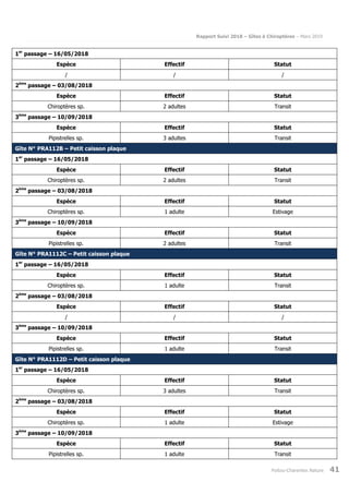Rapport Suivi 2018 – Gîtes à Chiroptères – Mars 2019
Poitou-Charentes Nature 41
1er
passage – 16/05/2018
Espèce Effectif Statut
/ / /
2ème
passage – 03/08/2018
Espèce Effectif Statut
Chiroptères sp. 2 adultes Transit
3ème
passage – 10/09/2018
Espèce Effectif Statut
Pipistrelles sp. 3 adultes Transit
Gîte N° PRA112B – Petit caisson plaque
1er
passage – 16/05/2018
Espèce Effectif Statut
Chiroptères sp. 2 adultes Transit
2ème
passage – 03/08/2018
Espèce Effectif Statut
Chiroptères sp. 1 adulte Estivage
3ème
passage – 10/09/2018
Espèce Effectif Statut
Pipistrelles sp. 2 adultes Transit
Gîte N° PRA1112C – Petit caisson plaque
1er
passage – 16/05/2018
Espèce Effectif Statut
Chiroptères sp. 1 adulte Transit
2ème
passage – 03/08/2018
Espèce Effectif Statut
/ / /
3ème
passage – 10/09/2018
Espèce Effectif Statut
Pipistrelles sp. 1 adulte Transit
Gîte N° PRA1112D – Petit caisson plaque
1er
passage – 16/05/2018
Espèce Effectif Statut
Chiroptères sp. 3 adultes Transit
2ème
passage – 03/08/2018
Espèce Effectif Statut
Chiroptères sp. 1 adulte Estivage
3ème
passage – 10/09/2018
Espèce Effectif Statut
Pipistrelles sp. 1 adulte Transit
 