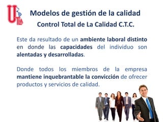 Este da resultado de un ambiente laboral distinto
en donde las capacidades del individuo son
alentadas y desarrolladas.
Donde todos los miembros de la empresa
mantiene inquebrantable la convicción de ofrecer
productos y servicios de calidad.
Control Total de La Calidad C.T.C.
Modelos de gestión de la calidad
 