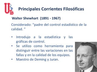 Walter Shewhart (1891 - 1967)
• Introdujo a la estadística y las
gráficas de control.
• Se utilizo como herramienta para
distinguir entre las variaciones en las
fallas y en la calidad de los equipos.
• Maestro de Deming y Juran.
Considerado: “padre del control estadístico de la
calidad. ”
Principales Corrientes Filosóficas
 