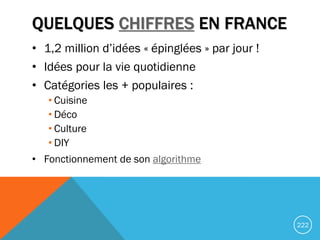 QUELQUES CHIFFRES EN FRANCE
• 1,2 million d’idées « épinglées » par jour !
• Idées pour la vie quotidienne
• Catégories le...