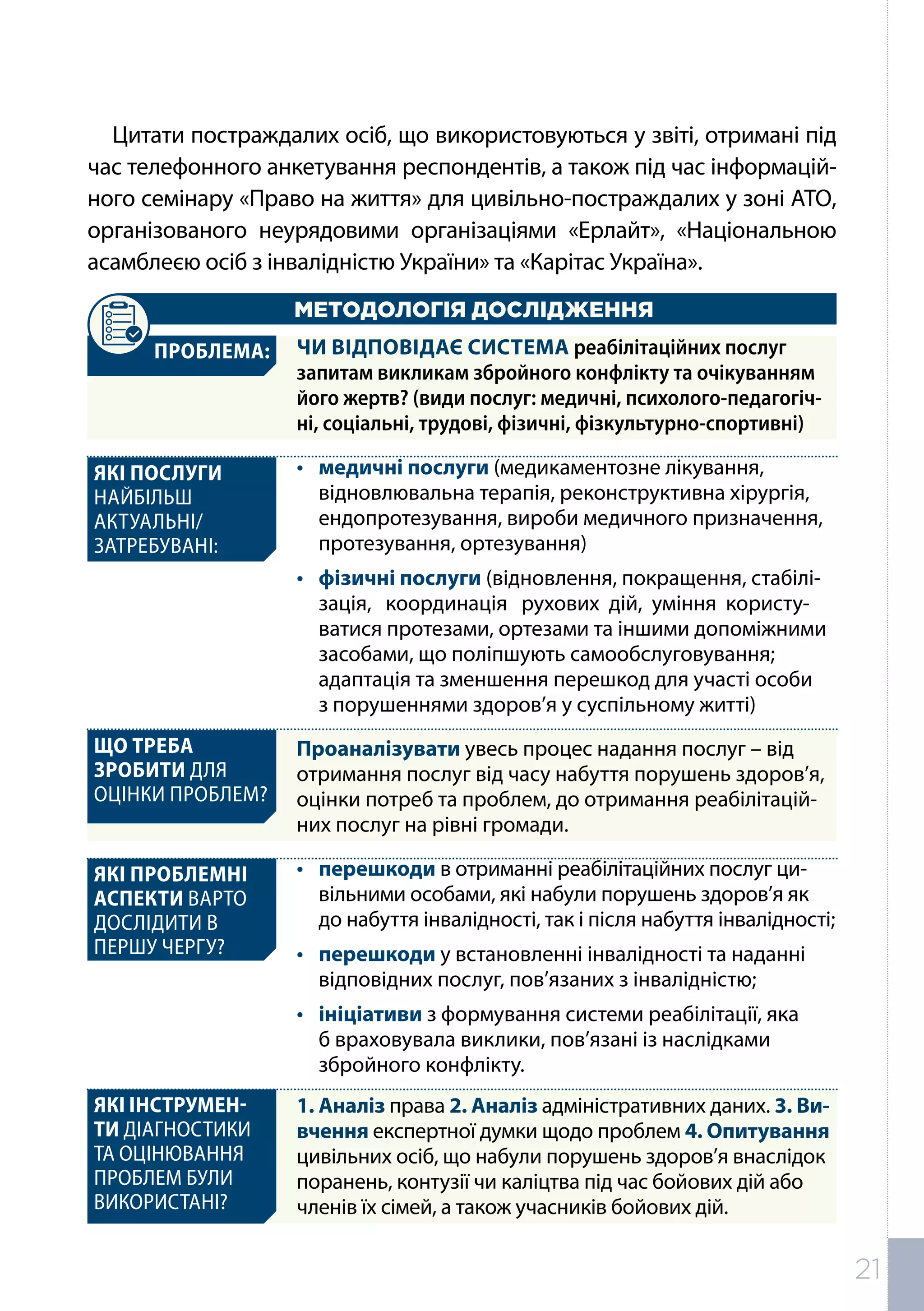 Цитати постраждалих осіб, що використовуються у звіті, отримані під
час телефонного анкетування респондентів, а також під час інформацій-
ного семінару «Право на життя» для цивільно-постраждалих у зоні АТО,
організованого неурядовими організаціями «Ерлайт», «Національною
асамблеєю осіб з інвалідністю України» та «Карітас Україна».
МЕТОДОЛОГІЯ ДОСЛІДЖЕННЯ
ЧИ ВІДПОВІДАЄ СИСТЕМА реабілітаційних послуг
запитам викликам збройного конфлікту та очікуванням
його жертв? (види послуг: медичні, психолого-педагогіч-
ні, соціальні, трудові, фізичні, фізкультурно-спортивні)
•	 медичні послуги (медикаментозне лікування,
відновлювальна терапія, реконструктивна хірургія,
ендопротезування, вироби медичного призначення,
протезування, ортезування)
•	 фізичні послуги (відновлення, покращення, стабілі-
зація, координація рухових дій, уміння користу-
ватися протезами, ортезами та іншими допоміжними
засобами, що поліпшують самообслуговування;
адаптація та зменшення перешкод для участі особи
з порушеннями здоров’я у суспільному житті)
Проаналізувати увесь процес надання послуг – від
отримання послуг від часу набуття порушень здоров’я,
оцінки потреб та проблем, до отримання реабілітацій-
них послуг на рівні громади.
•	 перешкоди в отриманні реабілітаційних послуг ци-
вільними особами, які набули порушень здоров’я як
до набуття інвалідності, так і після набуття інвалідності;
•	 перешкоди у встановленні інвалідності та наданні
відповідних послуг, пов’язаних з інвалідністю;
•	 ініціативи з формування системи реабілітації, яка
б враховувала виклики, пов’язані із наслідками
збройного конфлікту.
1. Аналіз права 2. Аналіз адміністративних даних. 3. Ви-
вчення експертної думки щодо проблем 4. Опитування
цивільних осіб, що набули порушень здоров’я внаслідок
поранень, контузії чи каліцтва під час бойових дій або
членів їх сімей, а також учасників бойових дій.
ПРОБЛЕМА:
ЯКІ ПОСЛУГИ
НАЙБІЛЬШ
АКТУАЛЬНІ/
ЗАТРЕБУВАНІ:
ЩО ТРЕБА
ЗРОБИТИ ДЛЯ
ОЦІНКИ ПРОБЛЕМ?
ЯКІ ПРОБЛЕМНІ
АСПЕКТИ ВАРТО
ДОСЛІДИТИ В
ПЕРШУ ЧЕРГУ?
ЯКІ ІНСТРУМЕН-
ТИ ДІАГНОСТИКИ
ТА ОЦІНЮВАННЯ
ПРОБЛЕМ БУЛИ
ВИКОРИСТАНІ?
21
 