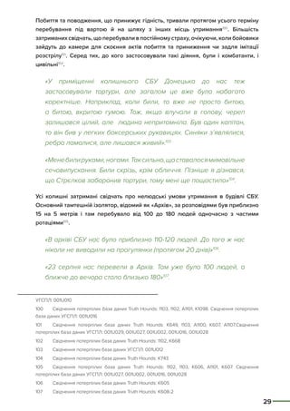 29
Побиття та поводження, що принижує гідність, тривали протягом усього терміну
перебування під вартою й на шляху з інших місць утримання100
. Більшість
затриманих свідчать, що перебували в постійному страху, очікуючи, коли бойовики
зайдуть до камери для скоєння актів побиття та приниження чи задля імітації
розстрілу101
. Серед тих, до кого застосовували такі діяння, були і комбатанти, і
цивільні102
.
«У приміщенні колишнього СБУ Донецька до нас теж
застосовували тортури, але загалом це вже було набагато
коректніше. Наприклад, коли били, то вже не просто битою,
а битою, вкритою гумою. Тож, якщо влучали в голову, череп
залишався цілий, але людина непритомніла. Був один капітан,
то він бив у легких боксерських рукавицях. Синяки з’являлися,
ребра ламалися, але лишався живий».103
«Менебилируками,ногами.Таксильно,щоставалосямимовільне
сечовипускання. Били скрізь, крім обличчя. Пізніше я дізнався,
що Стрєлков заборонив тортури, тому мені ще пощастило»104
.
Усі колишні затримані свідчать про нелюдські умови утримання в будівлі СБУ.
Основний тамтешній ізолятор, відомий як «Архів», за розповідями був приблизно
15 на 5 метрів і там перебувало від 100 до 180 людей одночасно з частими
ротаціями105
.
«В архіві СБУ нас було приблизно 110-120 людей. До того ж нас
ніколи не виводили на прогулянки (протягом 20 днів)»106
.
«23 серпня нас перевели в Архів. Там уже було 100 людей, а
ближче до вечора стало близько 180»107
.
УГСПЛ: 001U010
100	 Свідчення потерпілих база даних Truth Hounds: 1103, 1102, А1101, К1098. Свідчення потерпілих
база даних УГСПЛ: 001U016
101	 Свідчення потерпілих база даних Truth Hounds: К649, 1103, А1100, К607, А1107.Свідчення
потерпілих база даних УГСПЛ: 001U029, 001U027, 001U002, 001U016, 001U028
102	 Свідчення потерпілих база даних Truth Hounds: 1102, К668
103	 Свідчення потерпілих база даних УГСПЛ: 001U012
104	 Свідчення потерпілих база даних Truth Hounds: К743
105	 Свідчення потерпілих база даних Truth Hounds: 1102, 1103, К606, А1101, К607. Свідчення
потерпілих база даних УГСПЛ: 001U027, 001U002, 001U016, 001U028
106	 Свідчення потерпілих база даних Truth Hounds: К605
107	 Свідчення потерпілих база даних Truth Hounds: К608-2
 