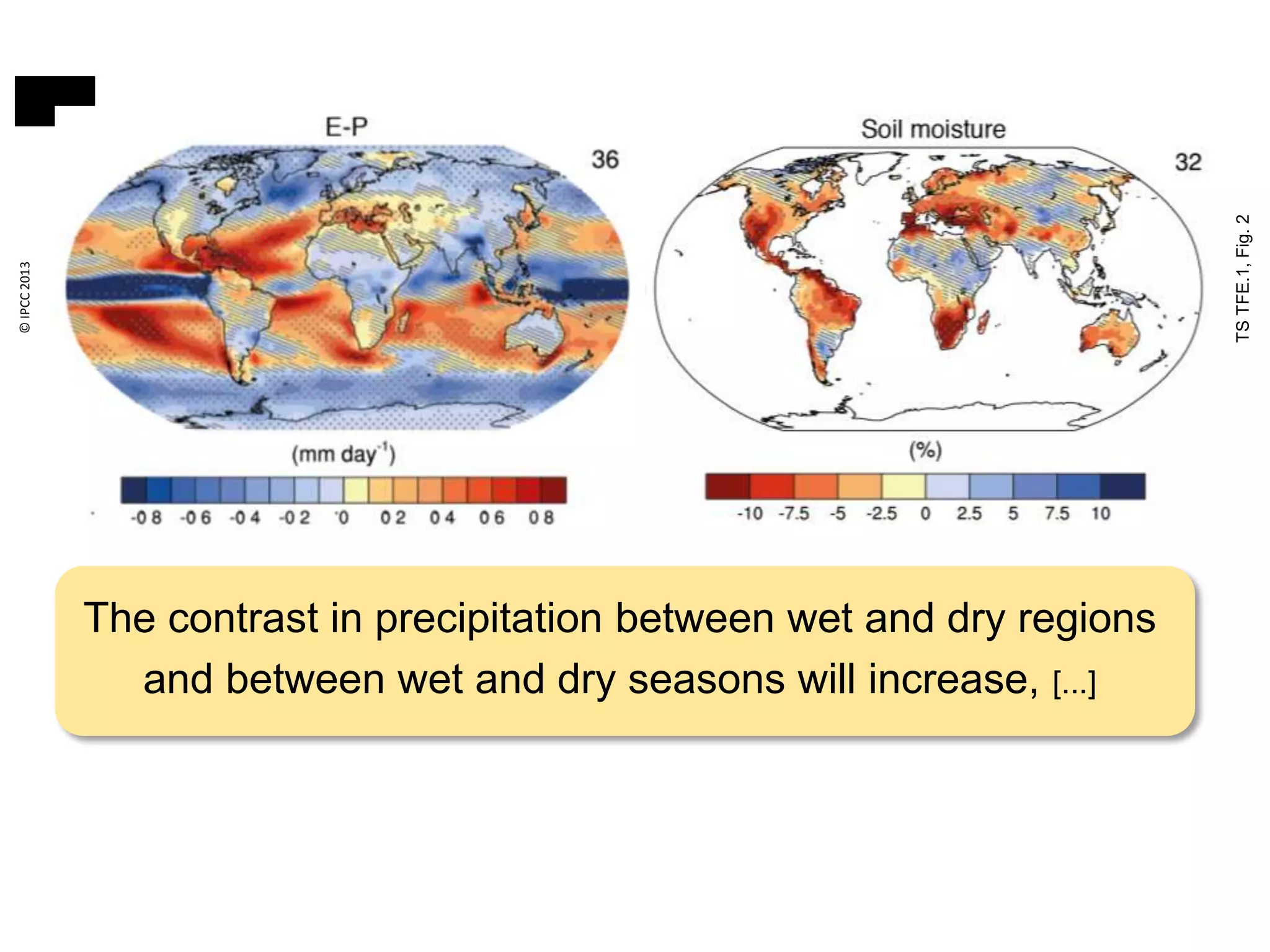 TSTFE.1,Fig.2
The contrast in precipitation between wet and dry regions
and between wet and dry seasons will increase, [...]
©IPCC2013
Change in water cycle properties from 1986-2005 to 2081-2100 in RCP8.5
 