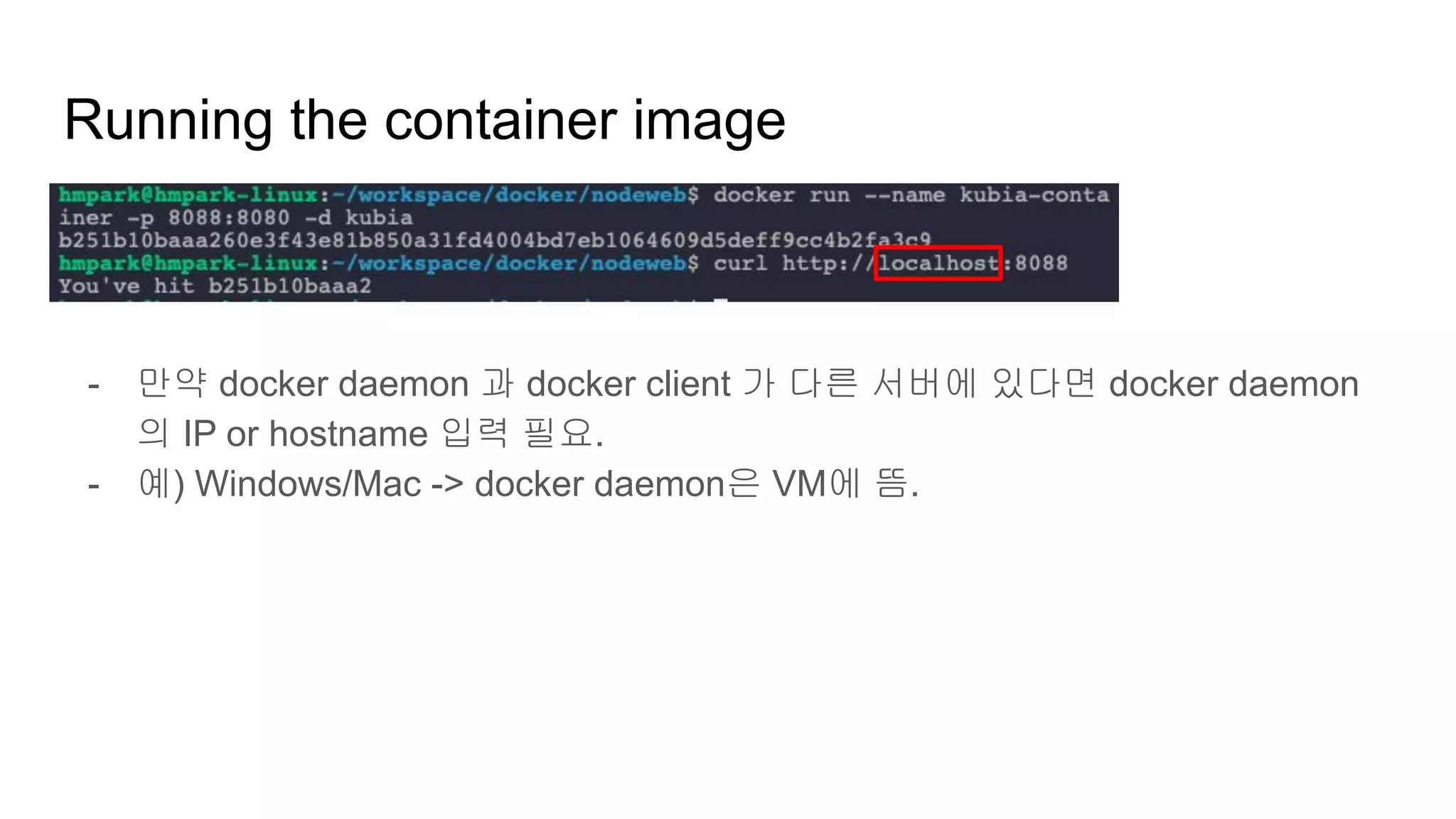 Running the container image
- 만약 docker daemon 과 docker client 가 다른 서버에 있다면 docker daemon
의 IP or hostname 입력 필요.
- 예) Windows/Mac -> docker daemon은 VM에 뜸.
 