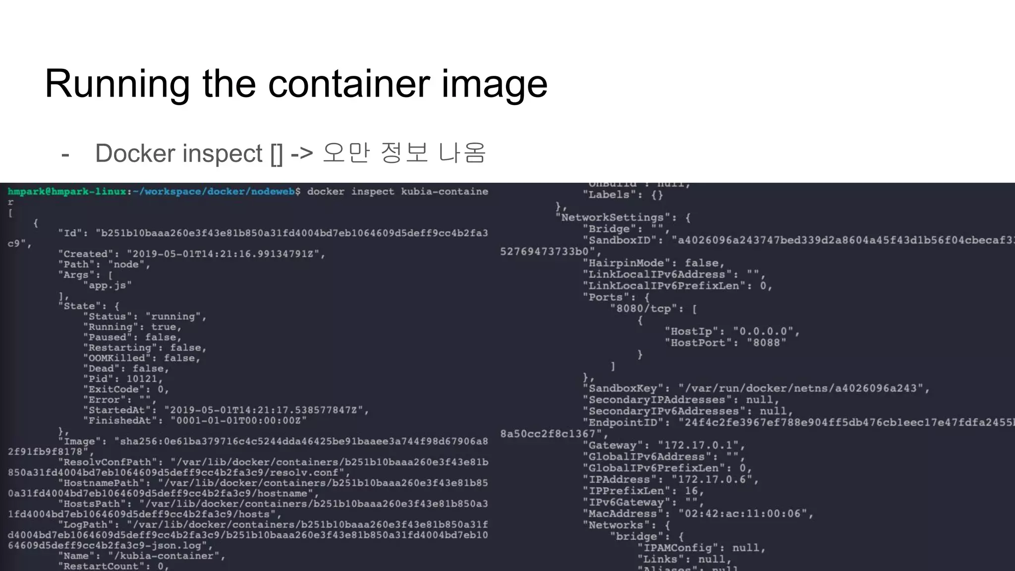 Running the container image
- Docker inspect [] -> 오만 정보 나옴
 